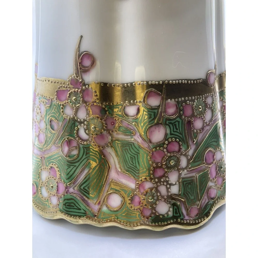 Antique Nippon Hand Painted Moriage Floral Pitcher Gold Gilt‎ Porcelain Cottage